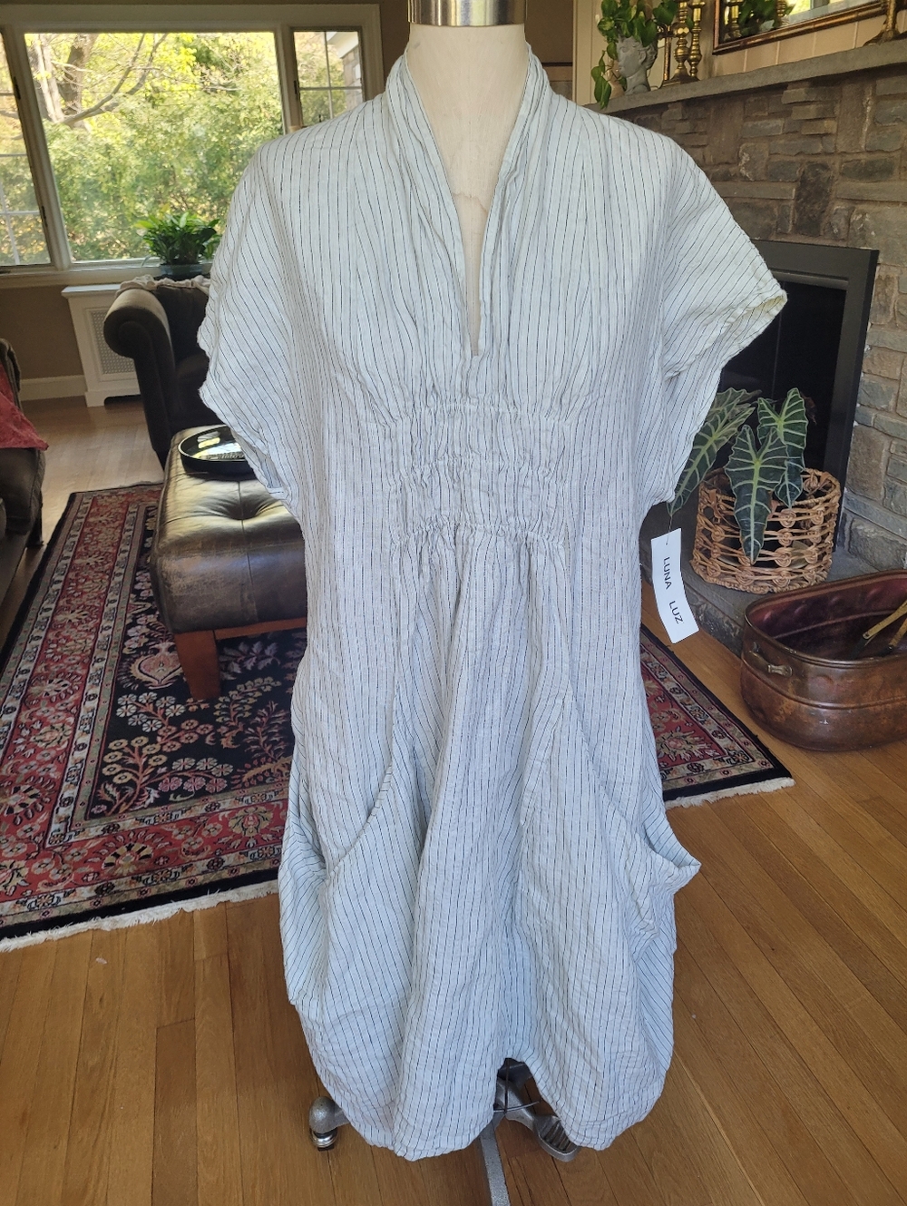 New! Luna Luz Shawl Collar Dress Striped Linen